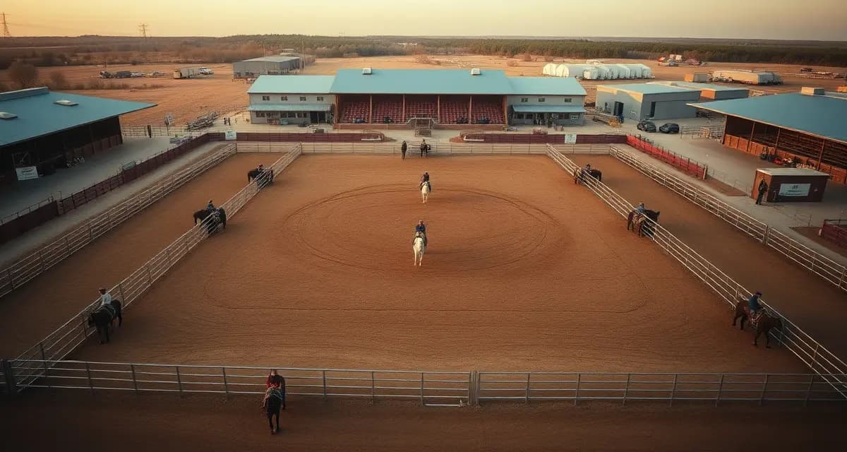 Organized team roping barn facility showing arena layout with cattle pens, header and heeler staging areas for efficient scheduling