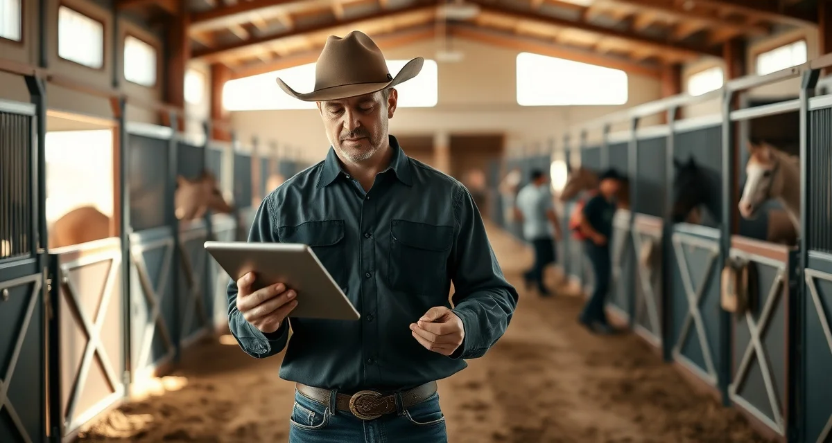 Team roping barn manager using staff scheduling software to organize rotating ropers and horse care tasks in event-cycle facility