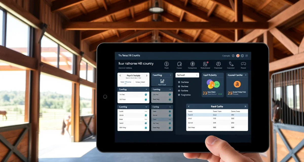 Horse barn management software interface displayed on tablet in modern Texas equine facility with organized stalls