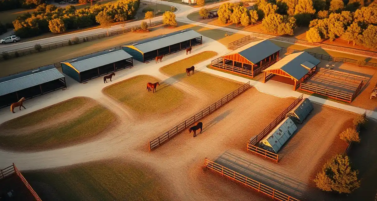 Professional Texas horse boarding facility with multiple barns and pastures showing modern stable management operations