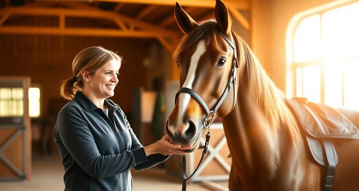 Therapeutic riding instructor leading equine-assisted therapy session in a well-organized barn facility with participant