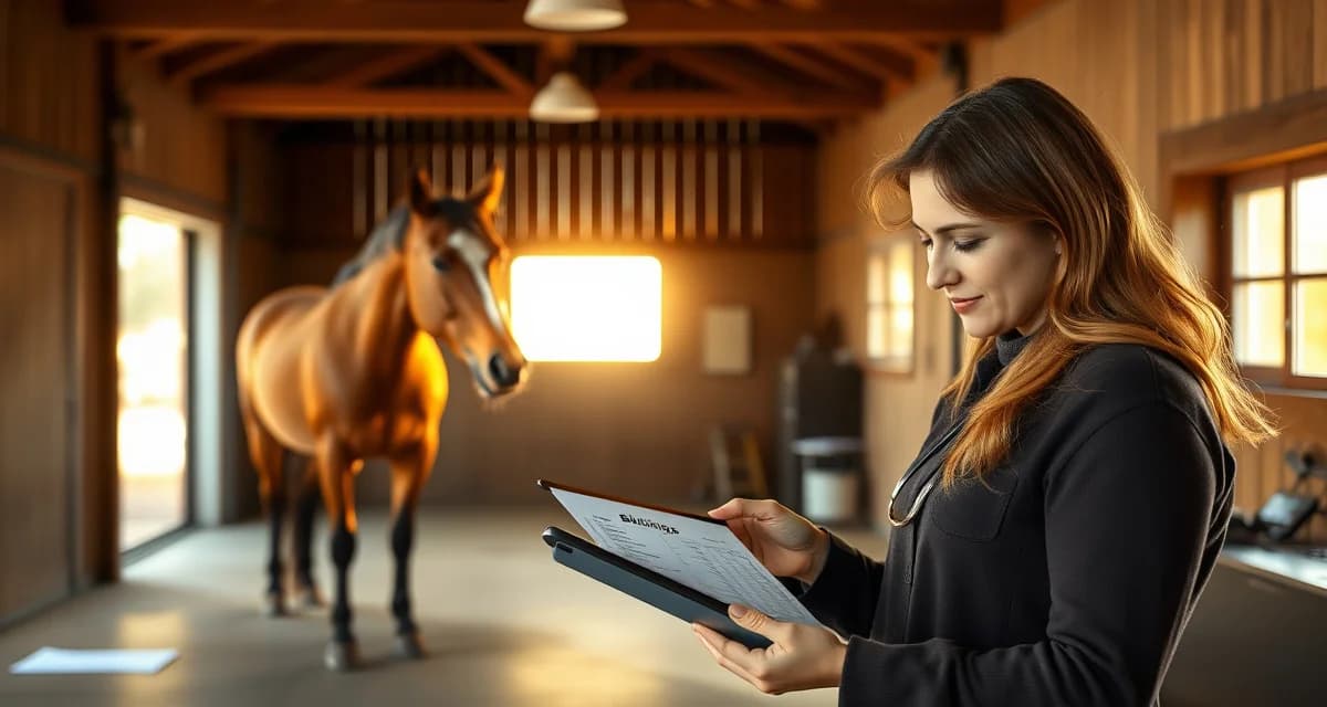 Therapeutic barn owner reviewing billing and health communication on tablet with horse in background