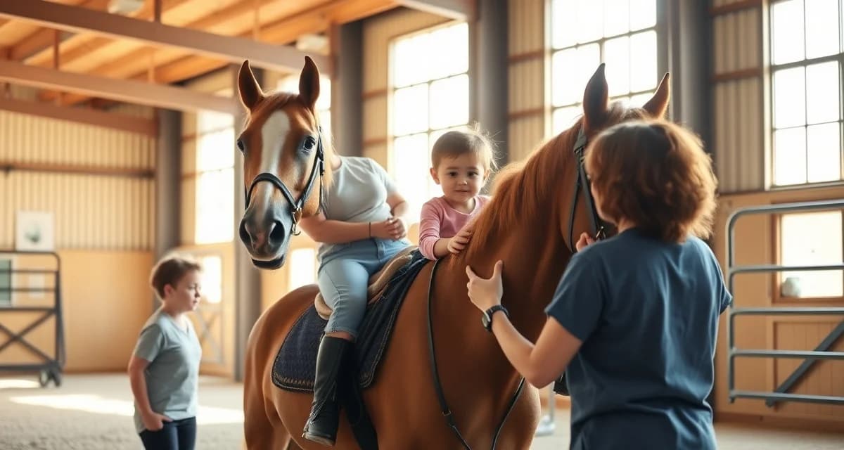 Therapeutic riding instructor communicating with parents about equine-assisted learning progress at a modern hippotherapy facility