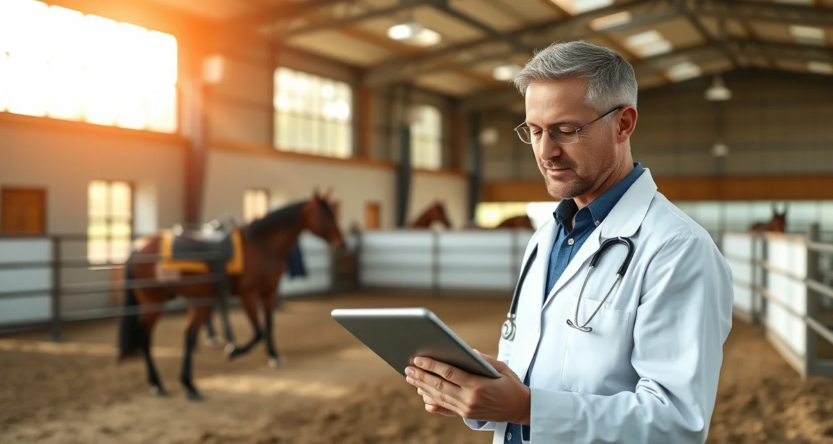 Veterinarian reviewing digital vet records on tablet in therapeutic riding facility with horses in background