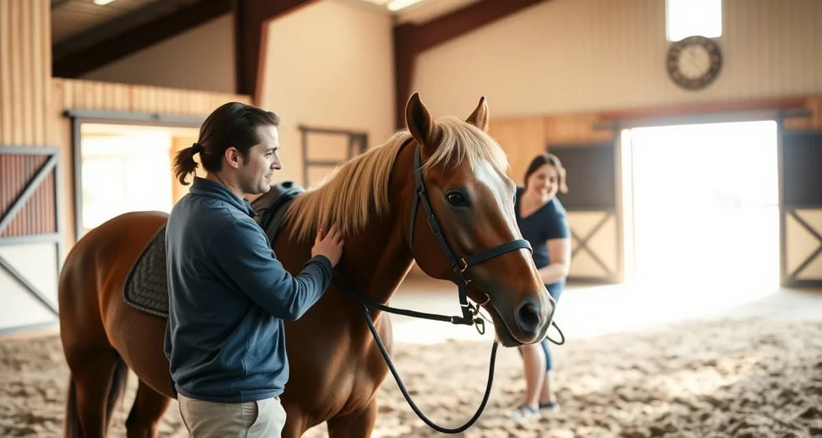 Therapeutic riding instructor and participant during a session in a professional equine facility demonstrating quality care standards