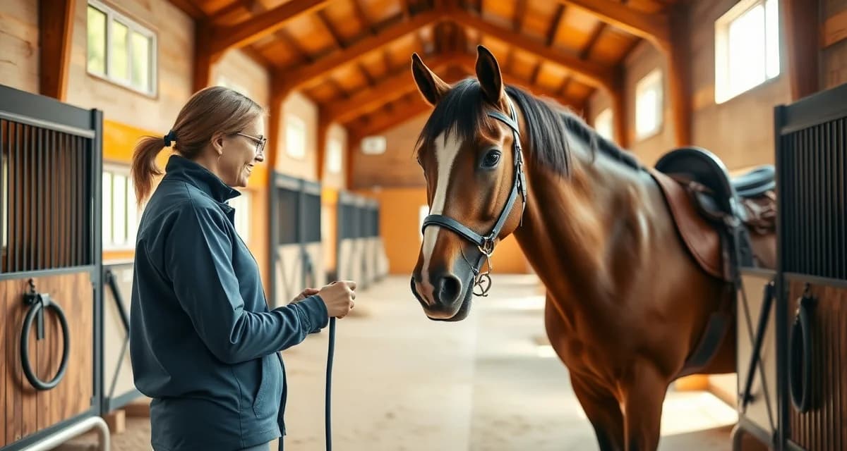 Therapeutic riding instructor demonstrating horse handling techniques in a professional equine therapy barn management setting with proper lighting and facilities.