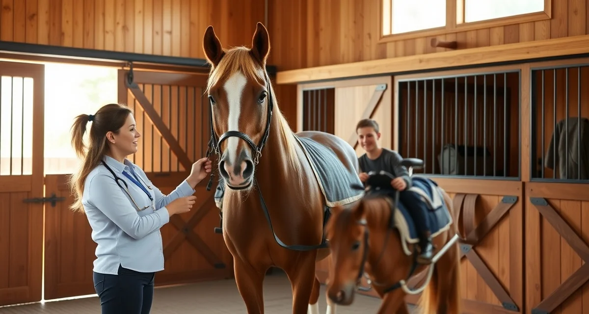 Therapeutic riding instructor guiding horse during organized barn session with proper facility management and volunteer coordination visible