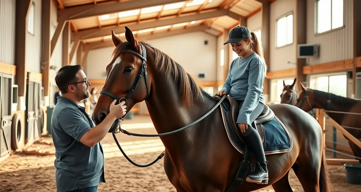 Therapeutic riding instructor assisting a disabled rider on a horse in a professional equine facility with trained volunteers nearby.