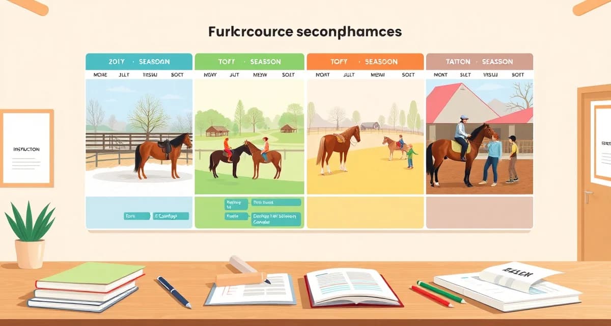 Therapeutic riding barn manager planning seasonal operations schedule with color-coded calendar and facility management tools for PATH certified centers.