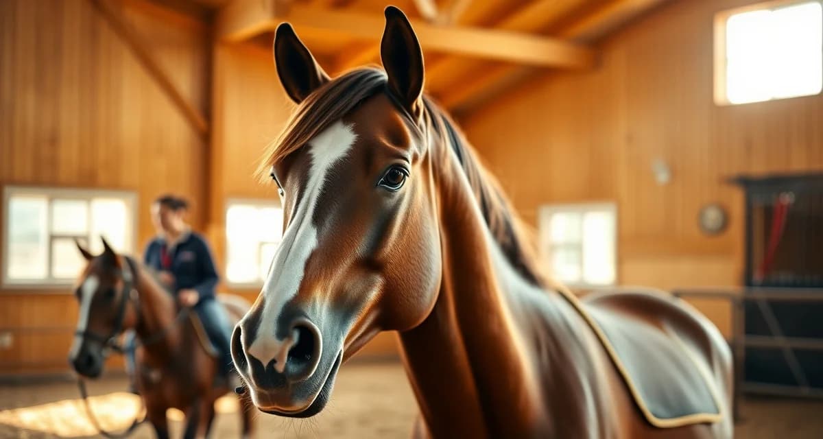 Veterinarian performing health monitoring on a therapeutic riding horse in a well-maintained barn facility