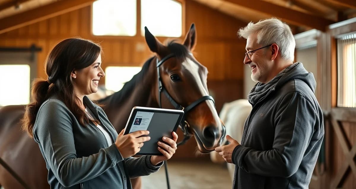 Therapeutic riding instructor communicating with parent using digital software on tablet near horse in stable facility.