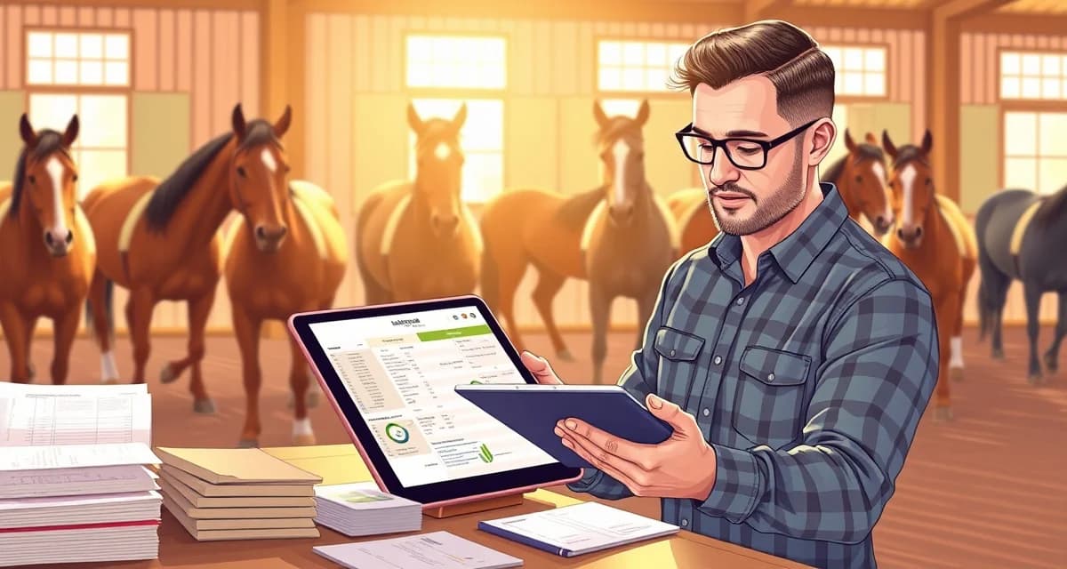 Trail riding barn manager reviewing billing reports and payment transactions for lessons, group rides, and equipment rentals.