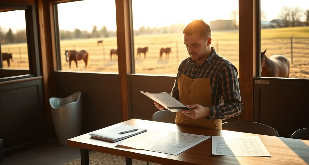 Trail riding barn owner reviewing billing and ride logs in stable management software with communication dashboard displayed.