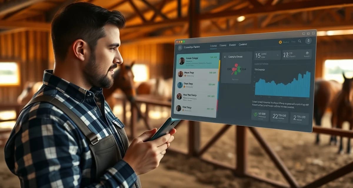Trail riding barn owner checking communication updates on tablet near horses in stable, demonstrating best practices for owner management