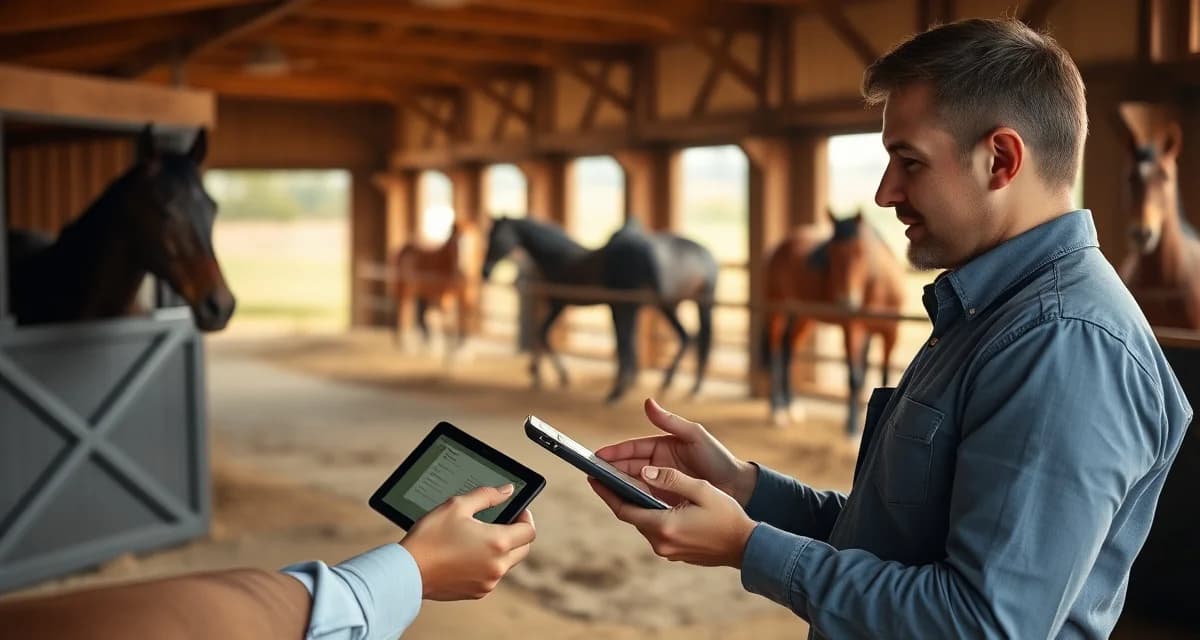 Trail riding barn manager using digital communication software to coordinate with horse owners about ride schedules and logistics