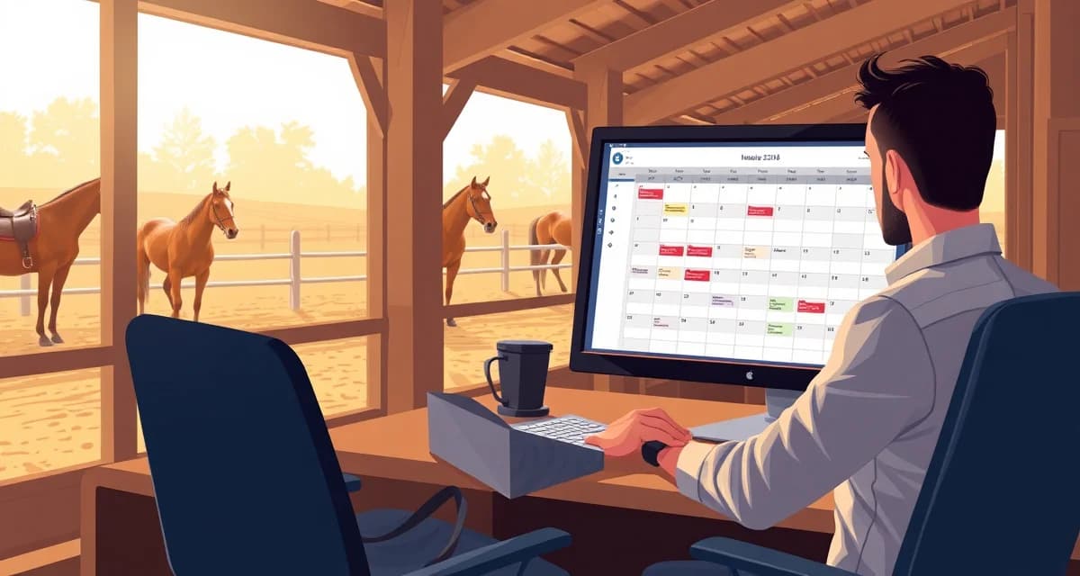 Trail riding barn manager using scheduling software to organize horse assignments and guide availability on computer