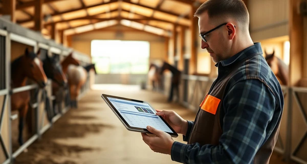 Trail riding barn owner using software to access and share vet records with horse owners on tablet device