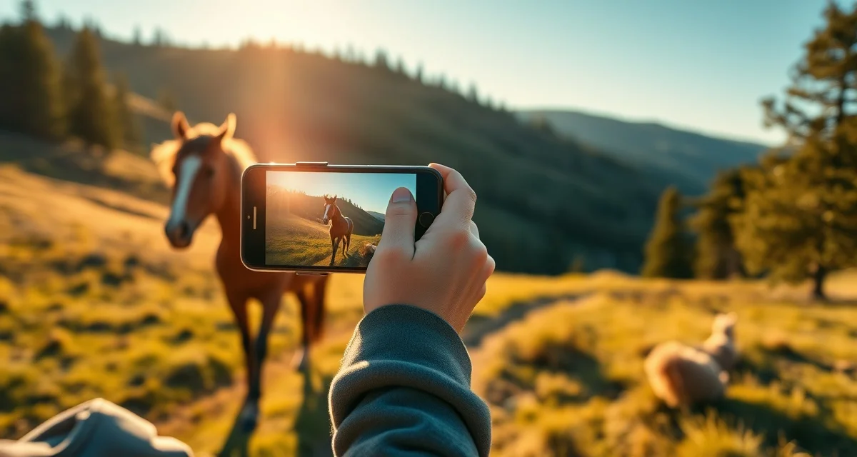 Trail riding barn owner using smartphone to photograph their horse on a mountain trail for owner communication updates.