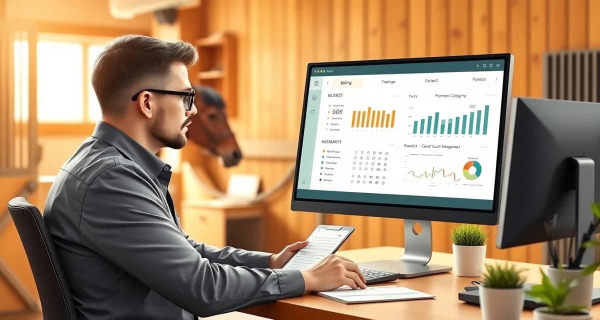 Horse barn manager organizing trainer billing accounts and payment models in BarnBeacon software dashboard system.