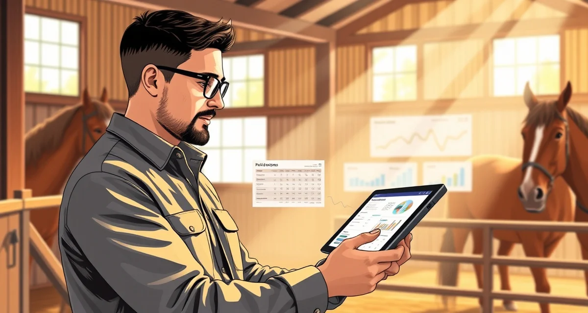 Barn manager managing variable monthly training invoices with digital billing software on tablet in organized barn office setting