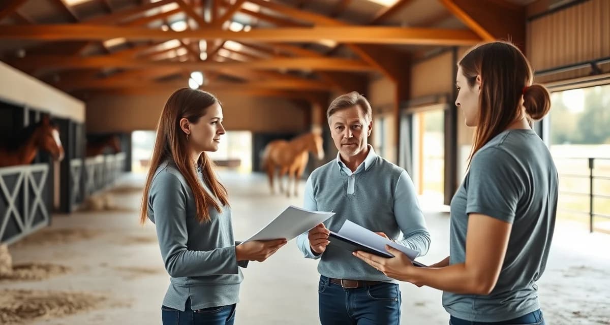 Professional trainer reviewing training barn management practices with client at organized equestrian facility