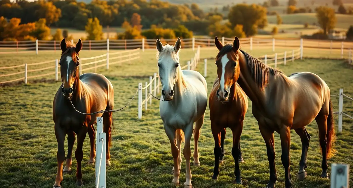 Horses peacefully grazing in managed turnout groups with documented compatibility profiles and secure paddock fencing.