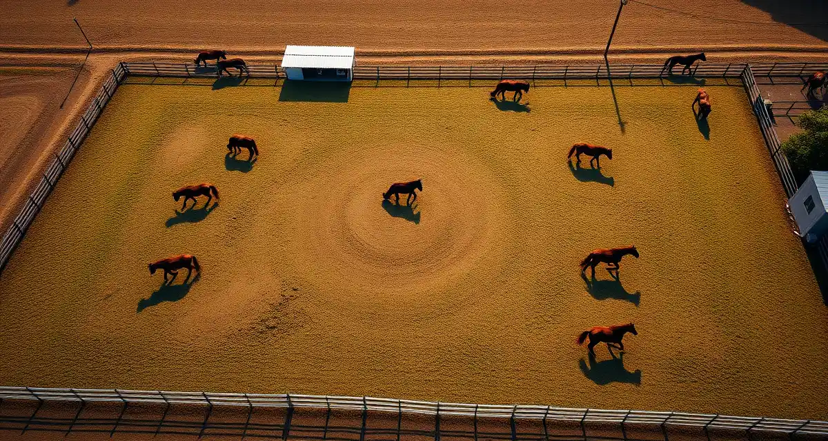 Organized horse paddocks showing turnout rotation system for efficient barn management and herd scheduling