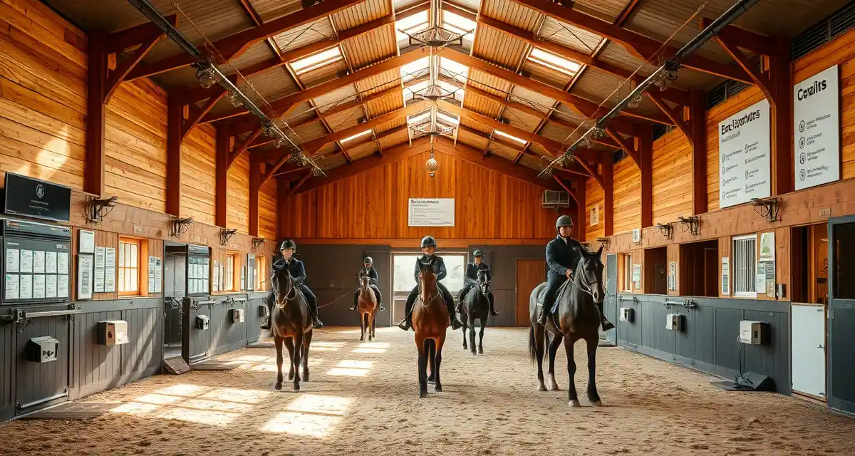 Vaulting barn trainer communicating with riders during emergency protocol training session with horses and safety equipment