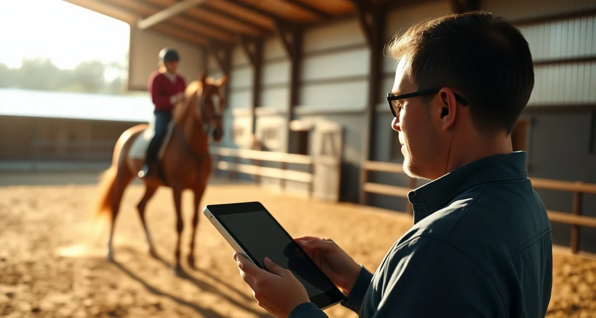 Vaulting barn owner reviewing daily communication reports and horse health updates on digital management software tablet