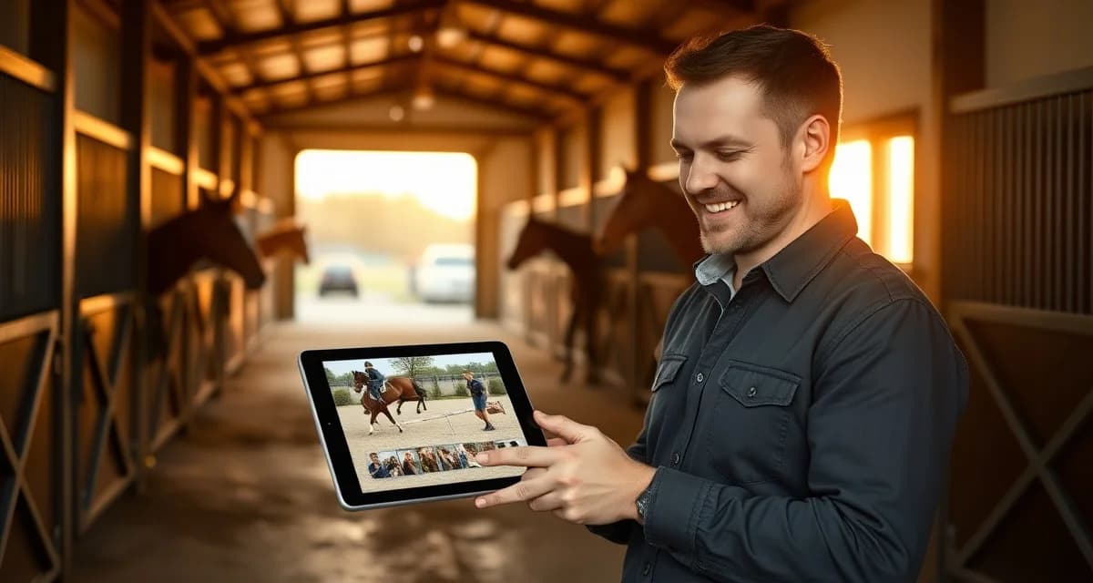 Vaulting barn owner viewing photo updates of horse training progress on mobile device in stable facility