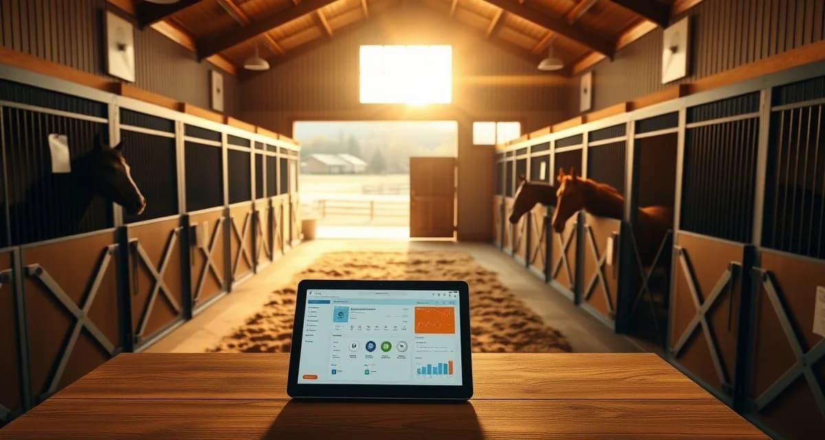 Modern barn management software interface displayed in a Vermont horse facility with organized stalls and natural lighting