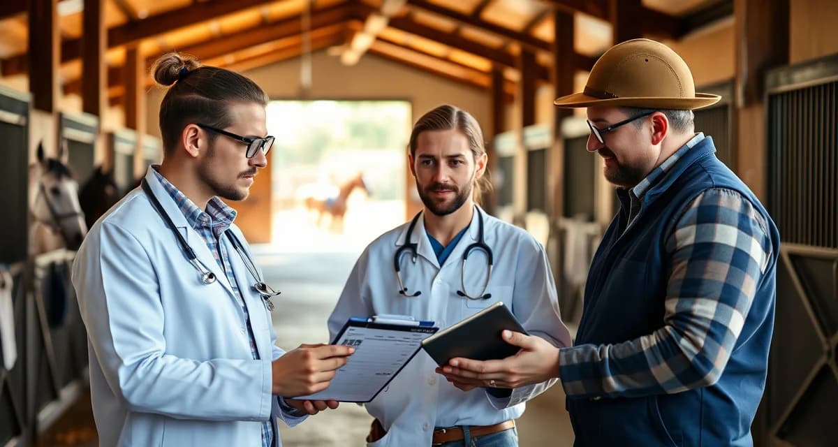 Barn manager coordinating vet and farrier scheduling with service providers at horse stable facility