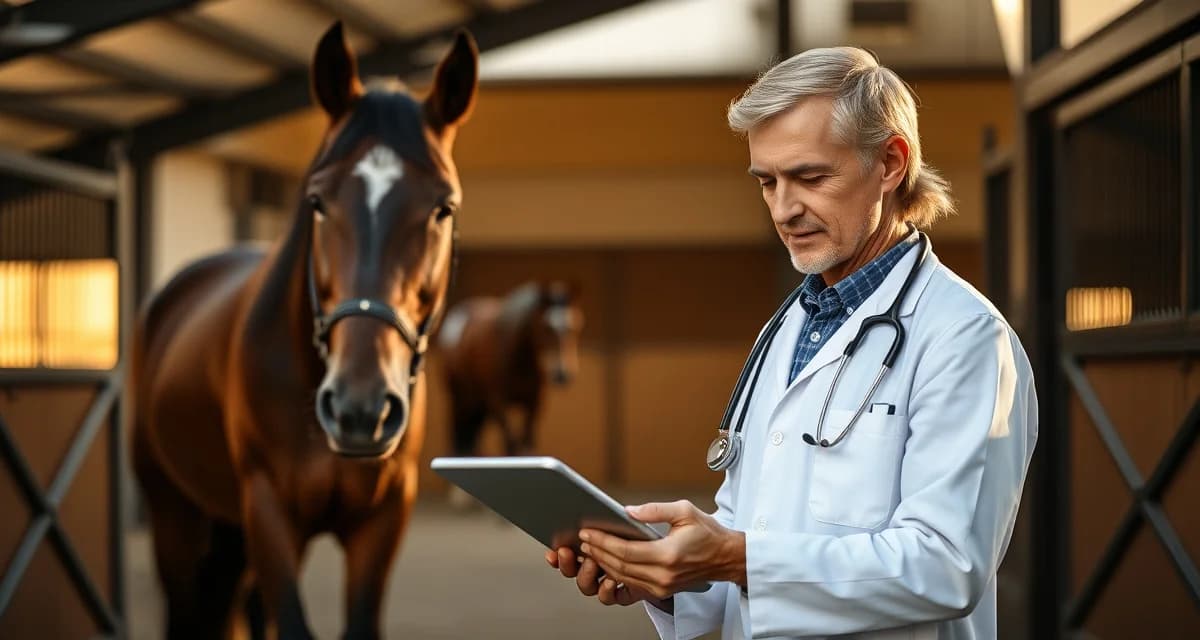 Veterinarian viewing digital horse records on tablet in barn stable for efficient medical history sharing