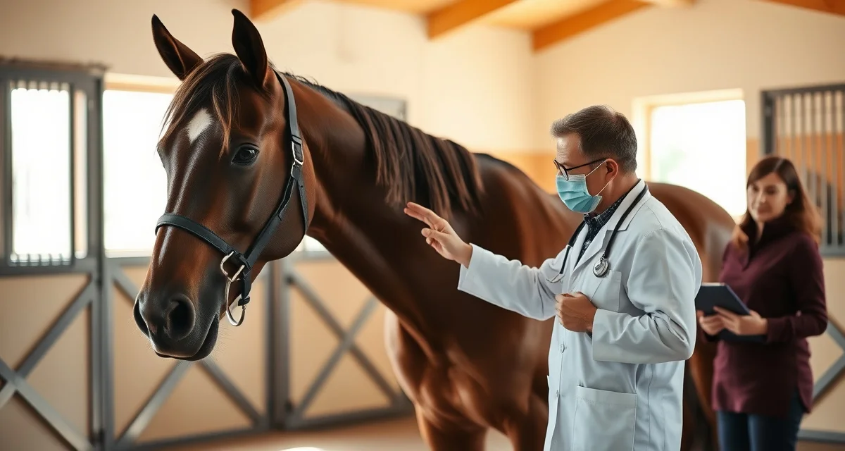 Veterinarian examining horse while owner documents visit summary on tablet in professional barn setting