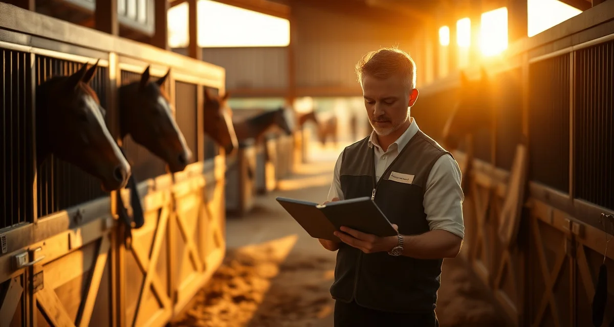 Modern barn management software dashboard displayed on tablet in Virginia equestrian facility with organized horse stalls and professional staff