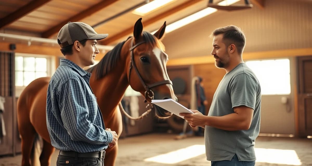 Experienced barn manager training volunteer on equine safety and handling requirements for shift scheduling at horse facilities