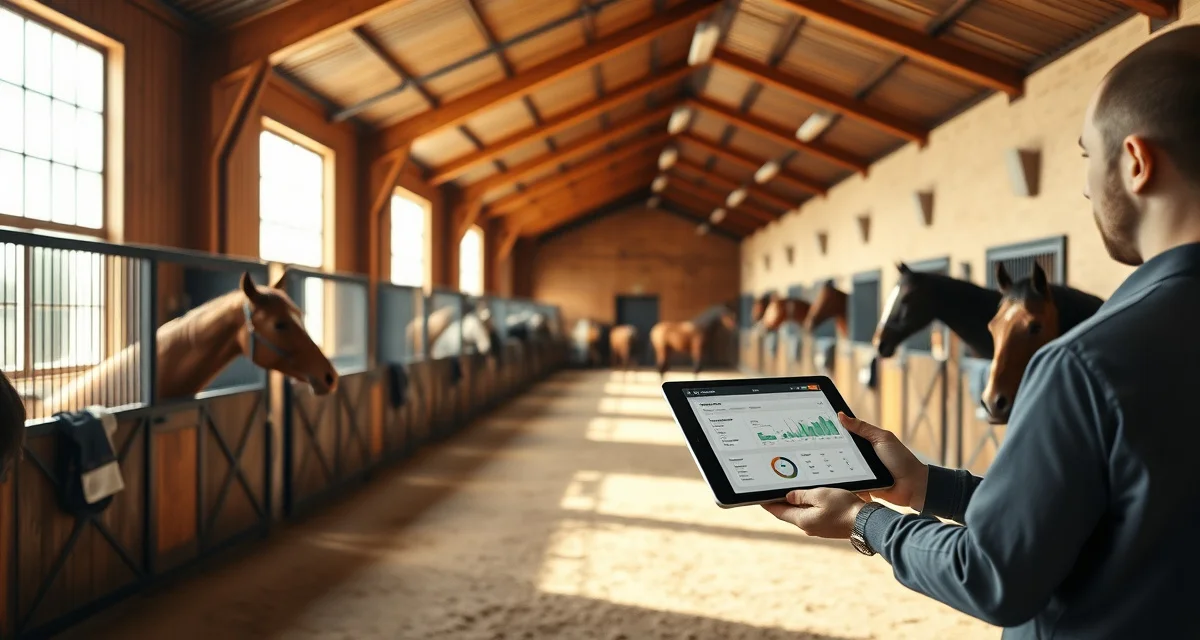 Modern horse barn management software dashboard displayed on tablet for Washington equestrian facility operations and horse care tracking