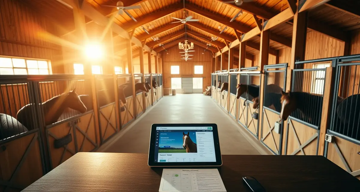 Modern barn management software interface displayed on tablet in professional horse barn facility in Washington state