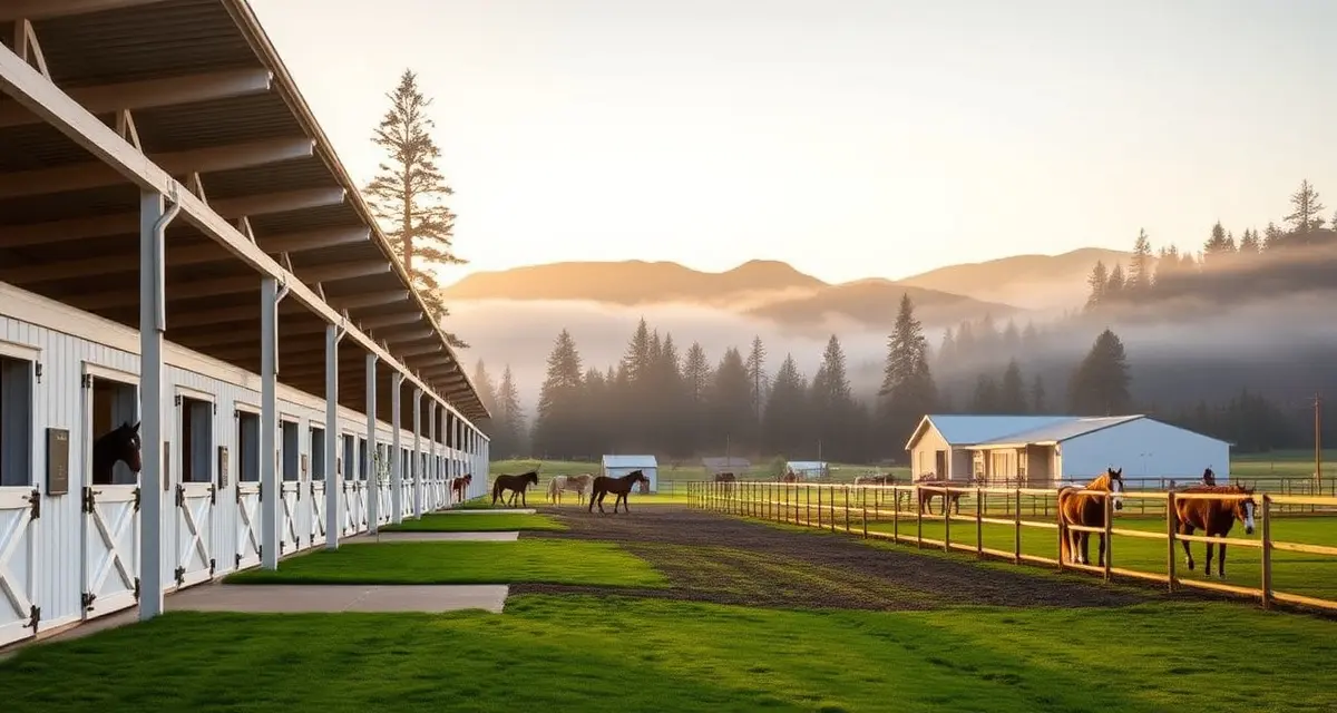 Modern horse barn facility in Washington state with pastures, stables, and Cascade Mountains in background representing equine management.
