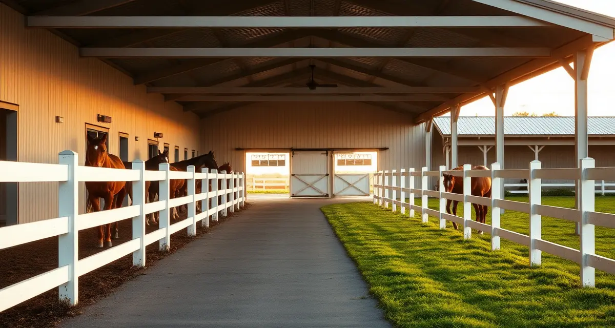 Modern horse boarding barn in Washington with white fencing, pastures, and horses representing quality equine facility management