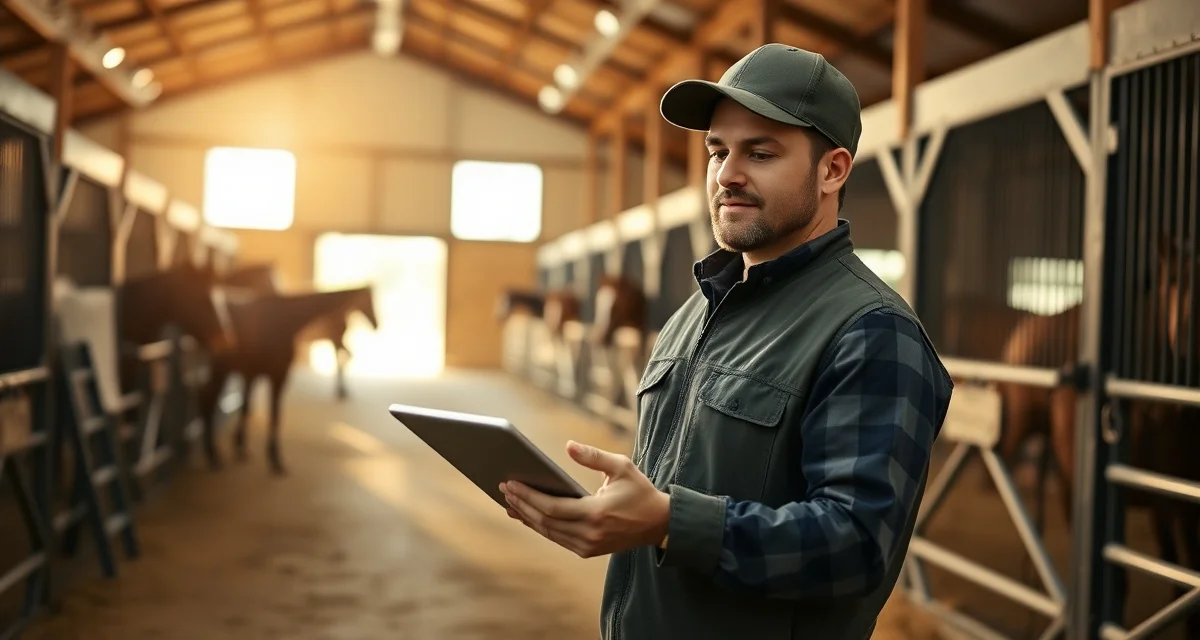 Horse barn manager using digital management software on tablet in West Virginia equine facility with horses and modern stable infrastructure