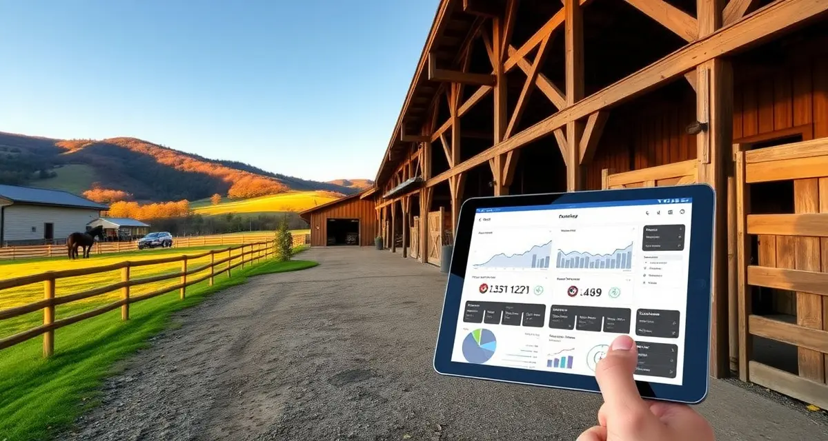 Modern horse barn in West Virginia mountains with management software interface showing equine facility operations and record-keeping tools.