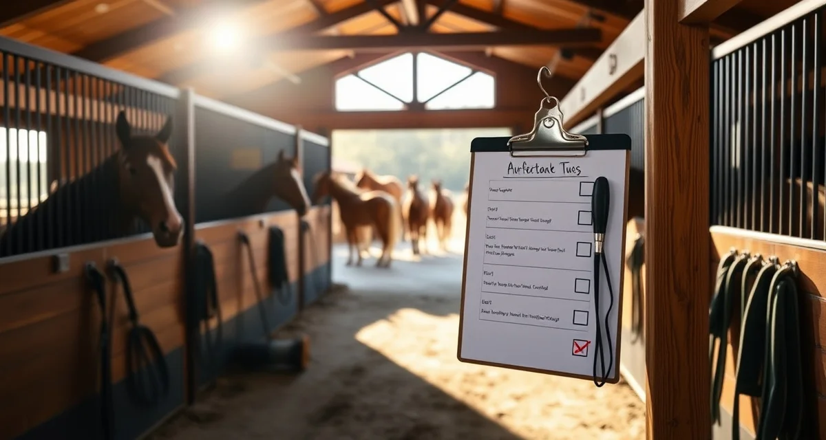 Western barn daily checklist posted on wooden post with organized stalls and horses in background, showing professional stable management