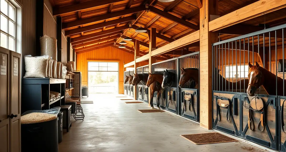 Organized western barn interior showing feed storage, tack room, and horse stalls demonstrating proper barn management practices.