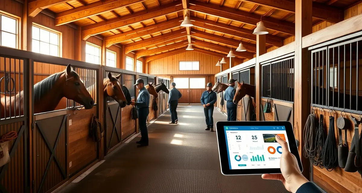 Organized Western barn facility showing horse stalls, management systems, and professional staff overseeing daily barn operations and horse care