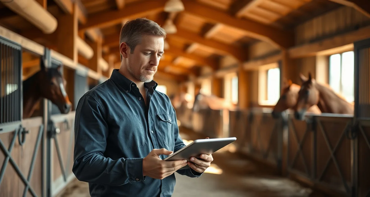 Barn manager using software to communicate with Western horse owners about facility updates and horse care information