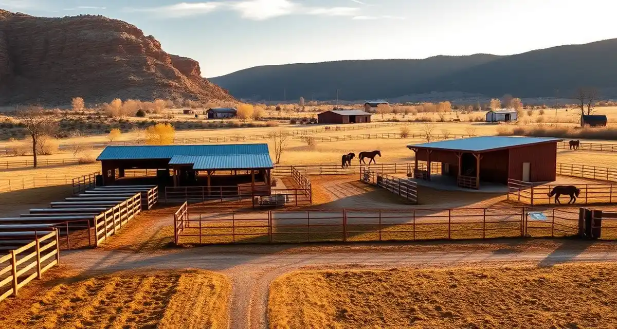 Western barn facility with seasonal pasture management and horse paddocks for year-round stable operations