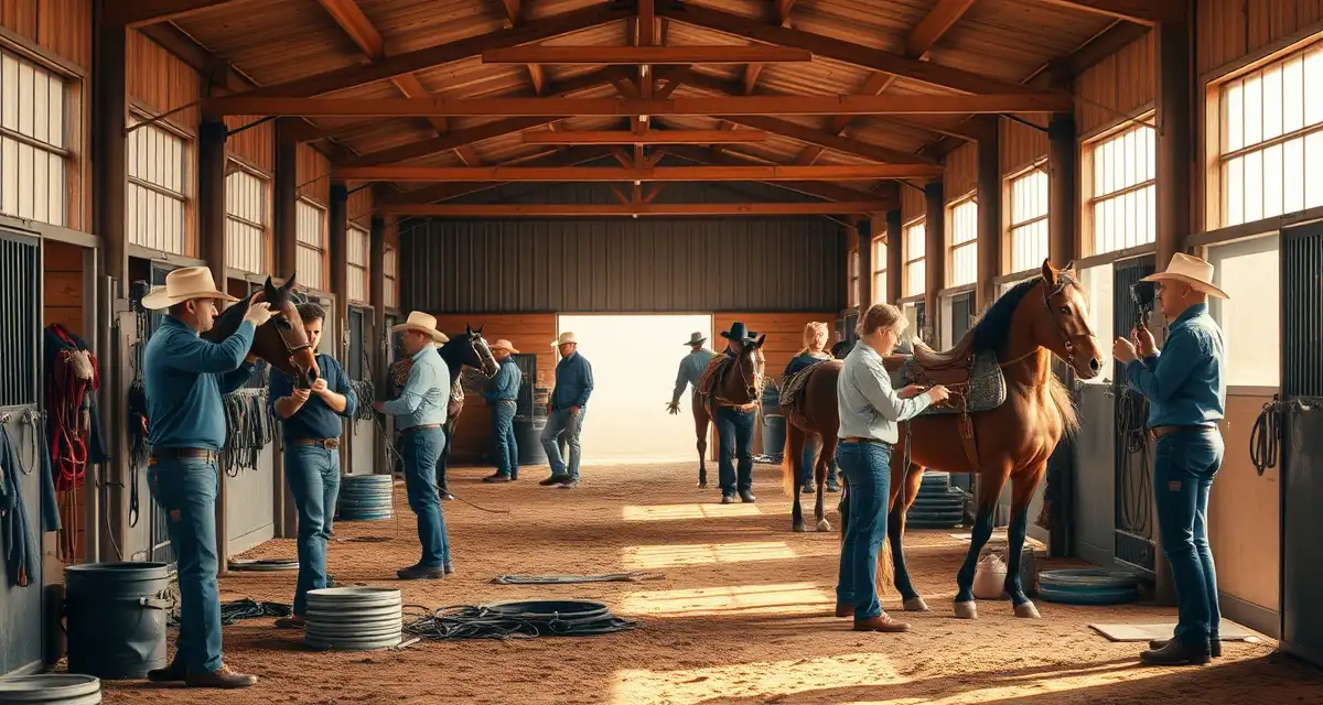 Western barn staff team managing horses and facility operations with organization tools and professional expertise