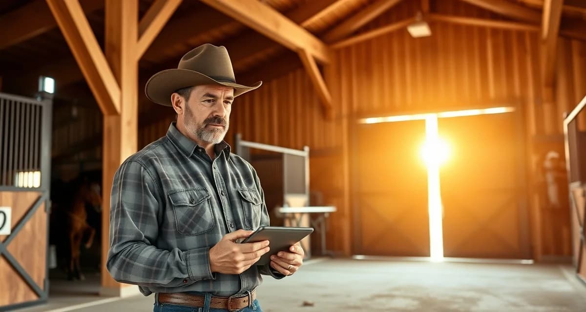 Western barn manager using staff management software to coordinate schedules at equestrian facility with organized stable operations and equipment