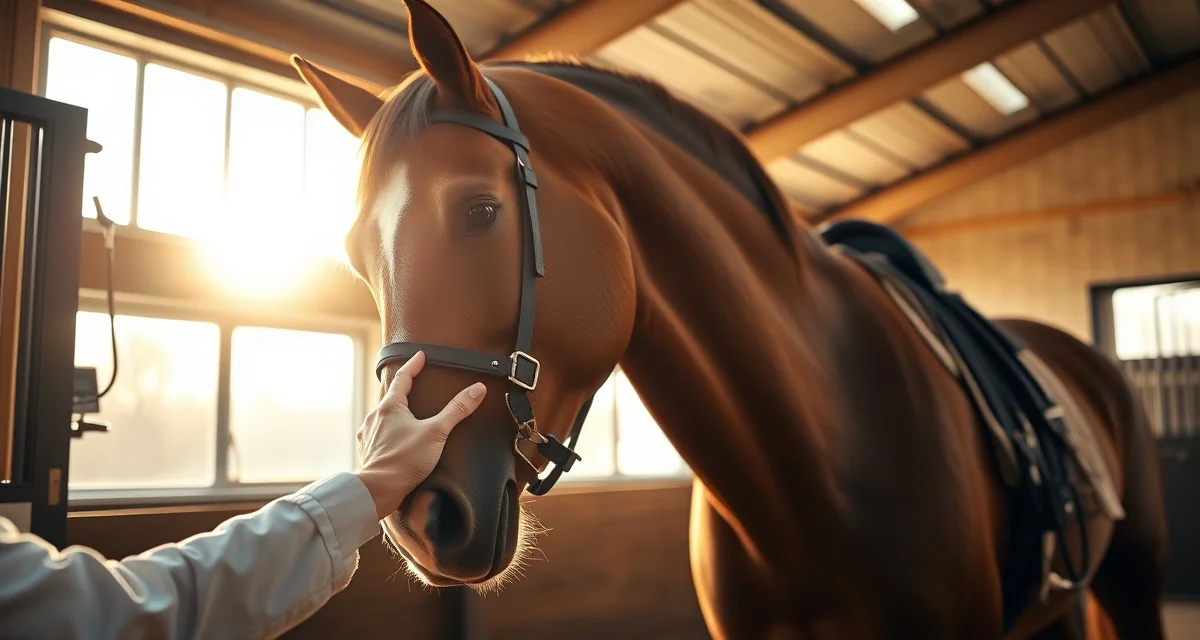 Veterinarian performing health monitoring examination on a Western reining horse in a professional barn facility to assess joint and physical condition.